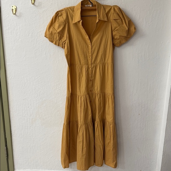 Elan Yellow Puff Shoulder Bubble Sleeve Button Front Tiered Maxi Midi Dress S - Picture 4 of 6